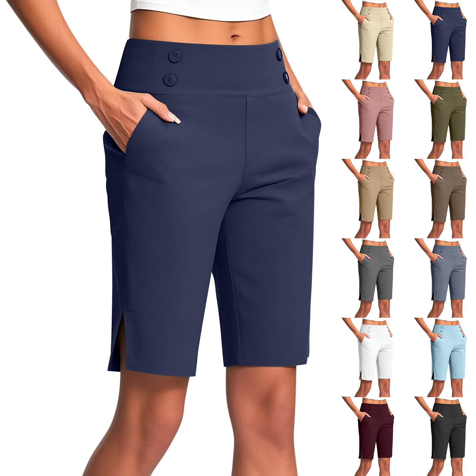 Bermuda Shorts for Women Stretchy High Waisted Side Slits Straight Leg Shorts Solid Casual Knee Length Cropped Pants with Pockets Khaki XXL Camisas Para Hombres